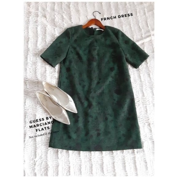 FRNCH Dark Green Floral Faux Suede Mini Dress Short Sleeve Size S - Picture 7 of 8